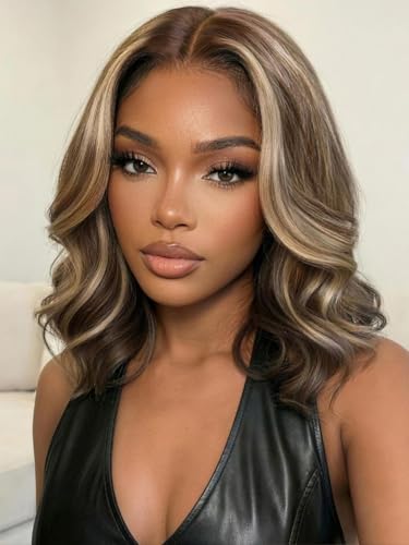 Image of KLAIYI Bye Bye Slip Highlight Blonde Bob Loose Wave Pre Everything 13x4HD Lace Front Wigs Human Hair Ombre Brown Layered Blowout Glueless Drawstring Pre Plucked Bleached Knots Face Framing Wig 12Inch