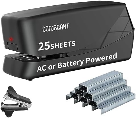 Coruscant Electric Stapler, Heavy Duty Automatic Stapler, 25 Sheet, Including 2000 Staples 1 Staple Remover, Desktop Stapler AC or Battery Powered for Professional Home Office Use（Black）