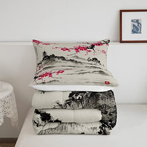Cherry Blossoms All Season Bedding Set Japanese Fuji Mountain Comforter Set For Kids Boys Girls Japanese Style Comforter Watercolor Vintage F2 Pillowcases 3Pcs Full Size #TOP4