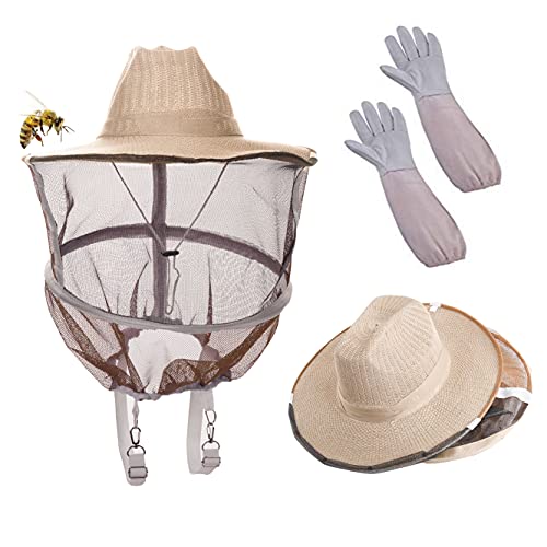 HunterBee 2 in 1 Beekeeping Beekeeper hat and bee Gloves Insect Bug Mosquito Netting mesh hat bee Keeper Veil Hood hat Costumes for Men Women