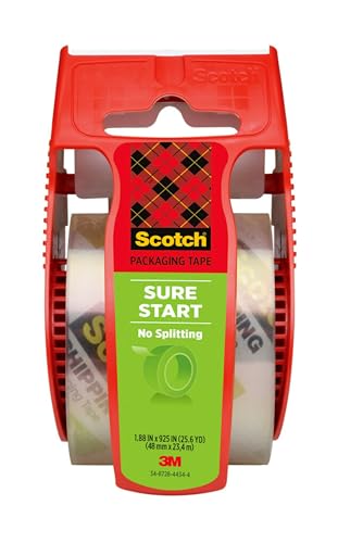 Image of Scotch Sure Start Shipping Packaging Tape, 1.88 inchx 22.2 yd, Designed for Packing, Shipping and Mailing, Quiet Unwind, No Splitting or Tearing, 1.5 inch Core, Clear, 1 Dispensered Roll (145)