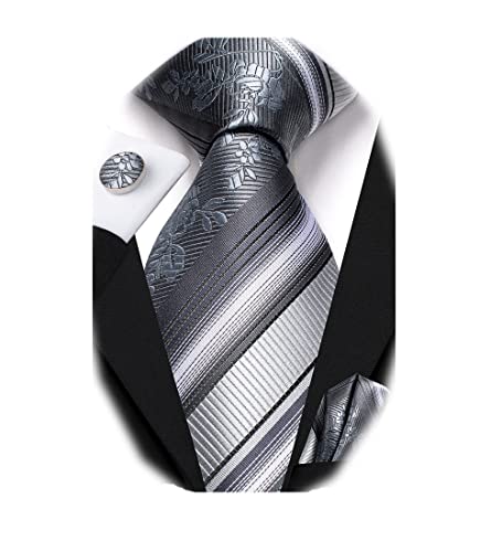 Dubulle Grey Stripes Tie Set For Men Silk Mens Floral Silver Neckties Handkerchief Cufflinks Wedding #TOP13