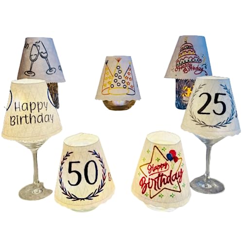 Lampenschirm bestickt für Glas – personalisiert mit Wunschtext – LED Dekoration für Geburtstag, Jubiläum, Feier – zackig oder wellig – verschiedene Designs – Handmade Geschenkidee