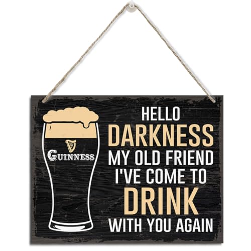 Guinness Rustic Hanging Wood Plaque - Hello Darkness My Old Friend, Man Cave & Home Bar Decor