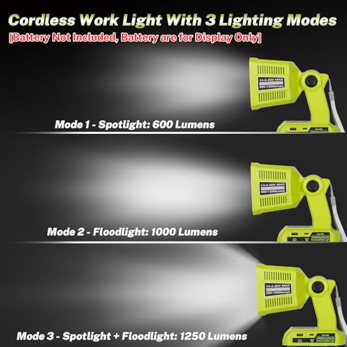 Image of Work Light Compatible with Ryobi 18V Battery, Work Lights 1250LM 18W with USB & Type-C Output Port, Portable Flashlight Spotlight & Floodlight 2 in 1 for Home Repair Lighting [ No Battery ]