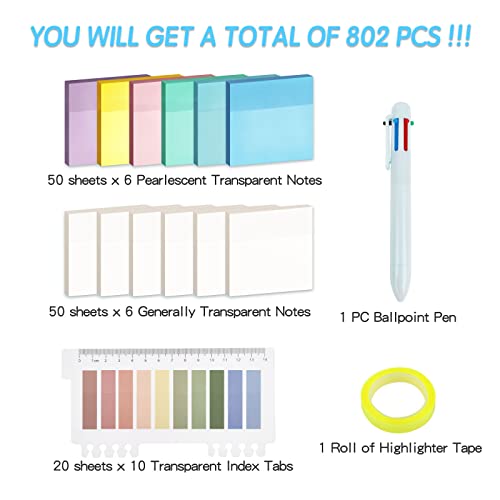 800 Pcs Colorful Transparent Waterproof Self-Stick Note Pads 3 X 3 Inch Pearlescent Clear Sticky Notes Translucent Bookmark Notes Set For Office School College Supplies Planner Memo #TOP1