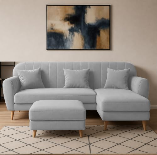 Image of Atticus RHS 4 Seater L Shape Sofa Set with Ottoman for Living Room (Grey Fabric) Premium Fabric Sofa Set