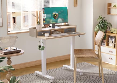 Image of Claiks Standing Desk with Drawers, Adjustable Stand Up Electric Small Standing Desk Adjustable Height with Storage Shelf and Splice Board, 40 Inch, Natural