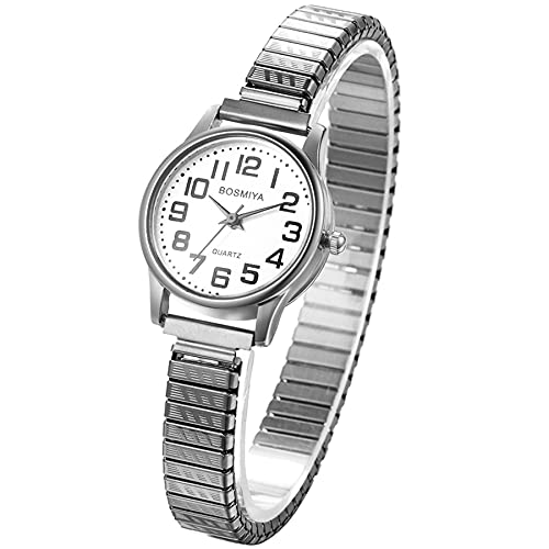 JewelryWe Reloj Mujer, Reloj para Mujer Sencillo y a la Moda, Ultra Claro y Fácil de Leer, Esfera Digital Grande, Práctico Reloj con Correa Elástica, Correa Plateada para Hombre, Cara Blanca