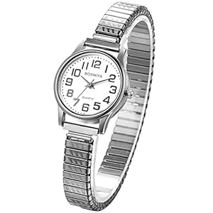 JewelryWe Women’s Easy Reader Analog Watch Gold Silver Plated Elastic Band Wristwatch for Mother’s Day