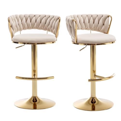 El Mejor Listado de Sillas para Barra - los preferidos. 47 Riknuxi – Juego de 2 taburetes de bar de terciopelo dorado con respaldo bajo, taburetes giratorios para isla de cocina o bar (beige)