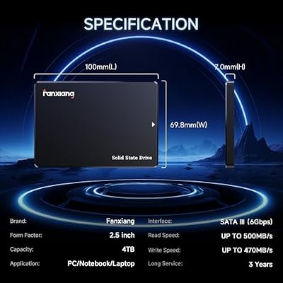 fanxiang 4TB SATA SSD 2.5'' SSD SATA III 6 Gb/s Internal Solid State Drive Up to 500 MB/s 3D NAND SLC Cache for Laptop and PC Desktop Performance Boost 7mm(0.28) S101Q