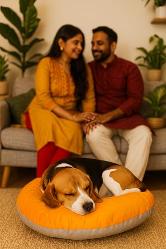 Image of The Pets Company Calming Dog & Cat Bed | Soft Fluffy Donut Reversible, Washable Pet Bed for Puppies | Cozy Plush Anti-Anxiety Cushion |, (L-30 Inch x B-30 Inch x H-5.5 Inch), Orange & Grey-Medium