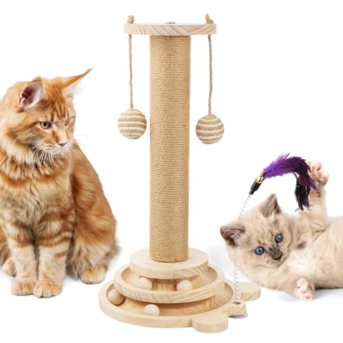 Cat Scratching Post with Natural Sisal - Sturdy Indoor Cat Scratcher for Smaller Medium Cats, Kitten Toy with Scratching Posts, Play Platform & Toys, Easy Assembly, Space-Saving Design 45cm Tall