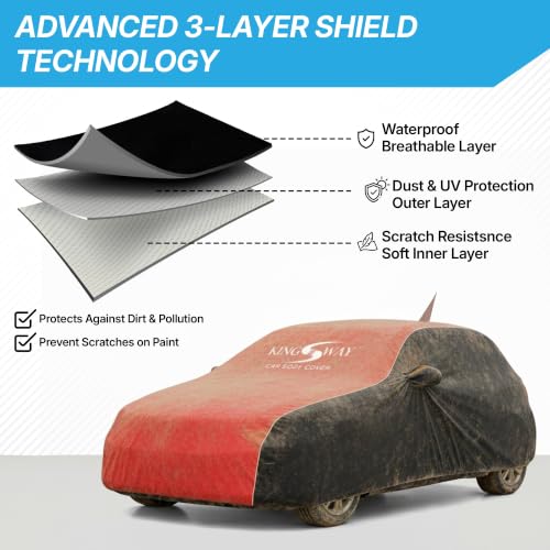 Image of KINGSWAY Super Waterproof Car Cover Only with Hyundai Grand I10 (Year 2013 to 2017 - All Model) | Mirror and Antenna Pockets | All Weather Car Body Cover with Silver Piping | Black Red