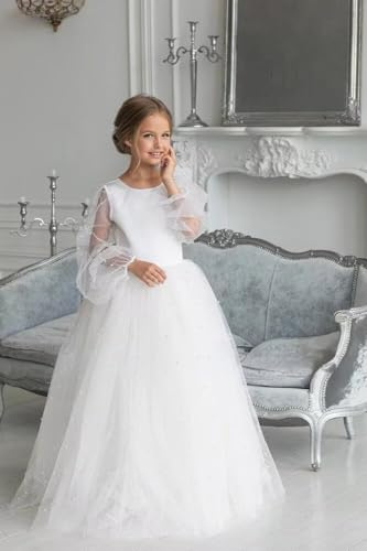 Elegant Pearls Tulle Flower Girl Dresses for Wedding Fancy Long Princess First Communion Dress Pageant Party Ball Gown4