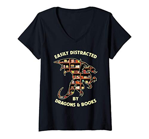 Femme Dragon et Livres Easily Distracted By Dragon And Books T-Shirt avec Col en V