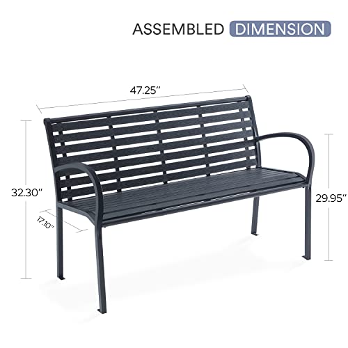 Vicllax Outdoor Garden Bench, 47" Metal Bench Steel Frame With Slatted Backrest And Seat For Porch, Lawn, Balcony, Backyard And Park, Black #TOP6