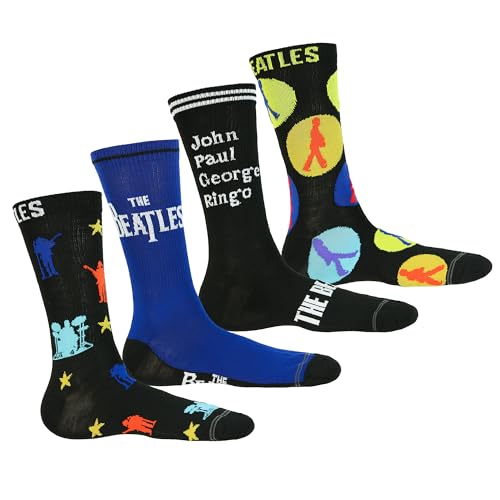 The Beatles Men’s Let It Be Assorted Designs 4 Pair Mid-Calf Crew Socks Shoe Size 7-12 - Les Beatles, Paul McCartney, John Lennon, RIngo Starr, George Harrison The Beatles Men's Let It Be Assorted Designs 4 Pair Mid-Calf Crew Socks Shoe Size 7-12