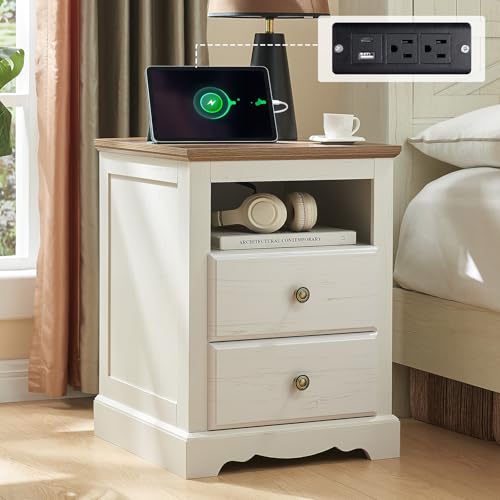 With Charging Station, Wooden Bedside Table With 2 Storage D