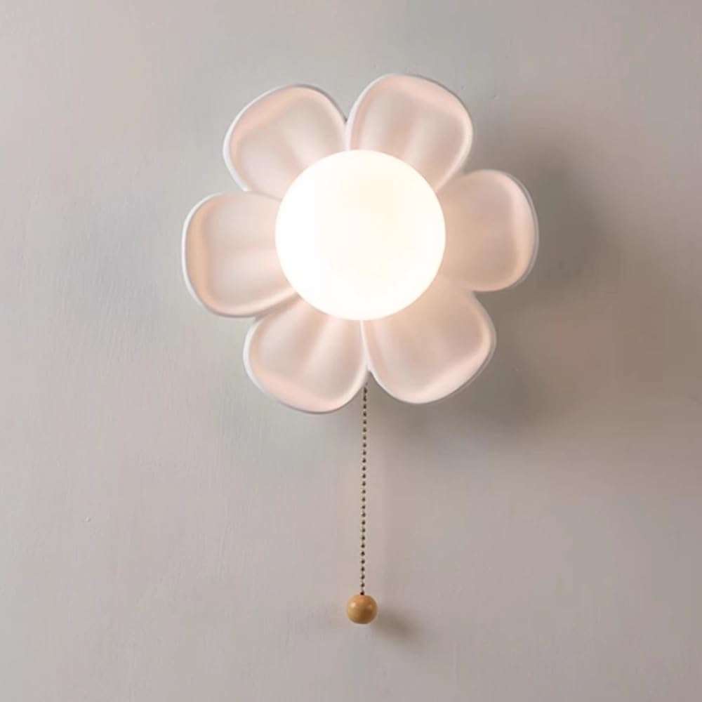 COSRUB Nordic Flower Wall Sconce, Resin Bedside Wall Lamp with Pull Chain