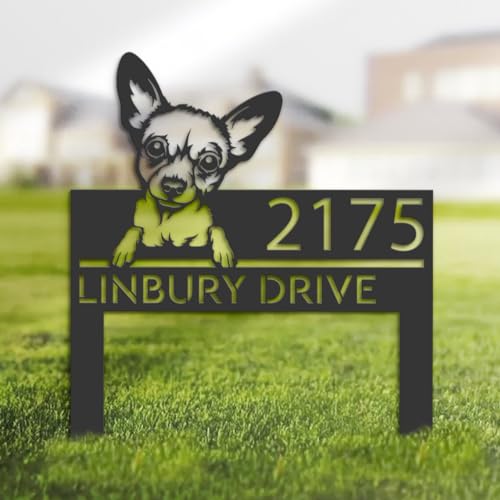 TiTaicor Personalized Chihuahua Dog Metal Address Sign House Number Chihuahua Plaque Outdoor Decor Stake Chihuahua Sculptures Sign for Park Yard Lawn Courtyard Patio Ranch Farmer Gardening.
