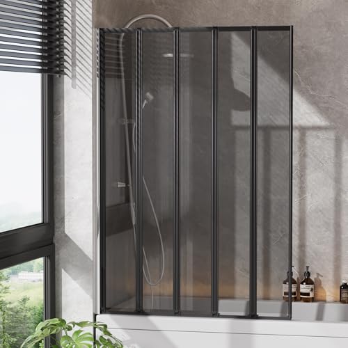 Image of INMOZATA Shower Screen, 5 Panel Folding Bath Shower Screen, Over Bath Shower Screens Tempered Transparent Glass Panel Shower Screens, (1200 * 1400mm,Black & Transparent)