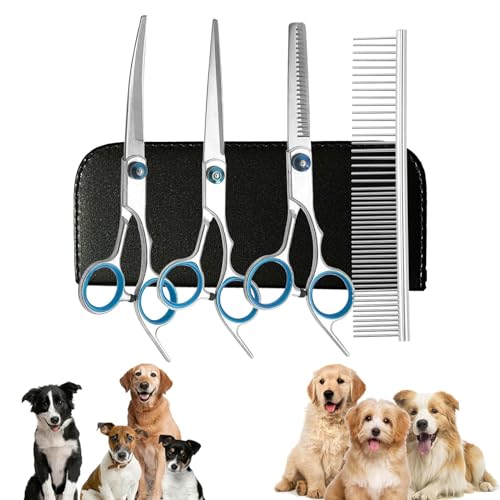 4 Stück Hundeschere Gebogen,Hunde Schere,Hundescheren Set,Mit 1 Geraden Schere,1 Gebogene Schere,1 Fellpflegekamm,für Fellpflege Hund Katze Haustier,für Ganzkörper,Gesicht,Nase,und Ohr