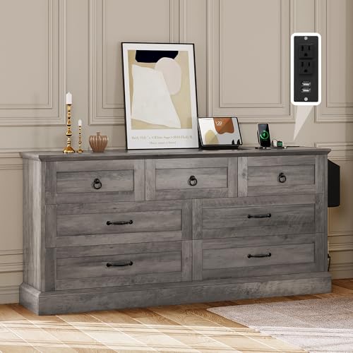 YITAHOME Farmhouse 7 Drawers Dresser, 59" Wide Wood Rustic Drawers with Nice Texture, Vintage Design, Storage Dressers Organizer for Living Room, Hall