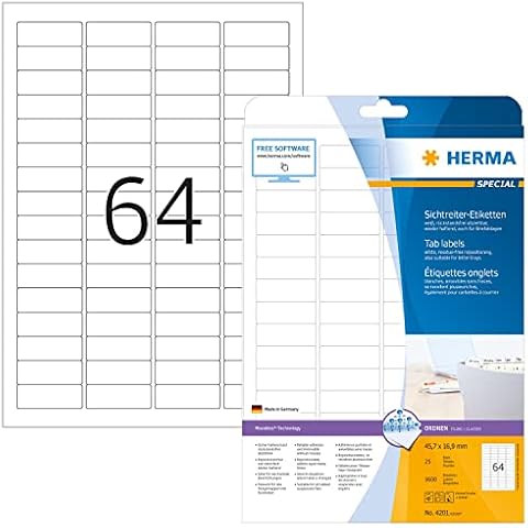 HERMA 4201 Sichtreiteretiketten A4 ablösbar (45,7 x 16,9 mm, 25 Blatt, Papier, matt) selbstklebend, bedruckbar, abziehbare Universal Etiketten, 1.600 Klebeetiketten, weiß Cover