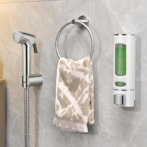 Image of ABS Health Faucet Jet Spray Gun with 1m Hose & Wall Hook | Chrome Finish Toilet Jet Spray for Bathroom Hygiene | 400ml Wall Mounted ABS Soap Dispenser + 6-Inch Stainless Steel Napkin Ring (1 Set)
