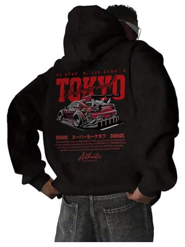 RoseSeek Mens Vintage Graphic Car Hoodies Long Sleeve Thermal Drawstring Hooded Sweatshirts Fall Pullovers Pure Black Large
