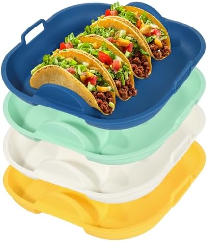 4 Pack Silicone Taco Holder Plates, 4 Slots Reusable Silicone Taco Holder, 4 Dividers Taco Stand with Handles, Large Taco Serving Tray for Party, Microwave Oven Dishwasher Safe