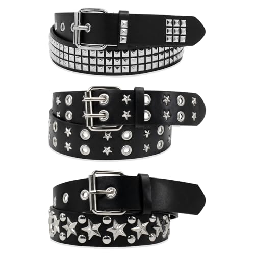 Black Studded Belt, 3 Pcs Y2K Belt Star Goth Punk Rock Double Grommet with Bright Pyramid Studded for Women Men