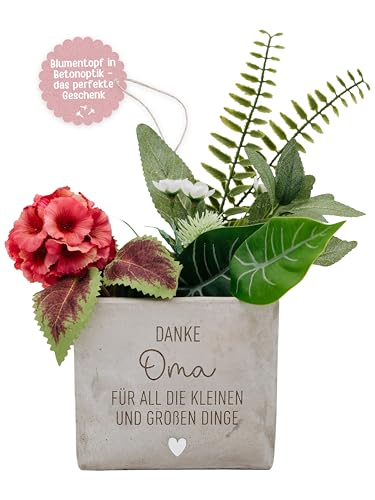 wunderwunsch Blumenvase Blumentopf Betonoptik als Geschenk individualisiert mit Spruch als Blumengeschenk zu Hochzeit, Geburtstag, Danke, Abschied (Danke Oma, quadratisch 11x11x9,5)
