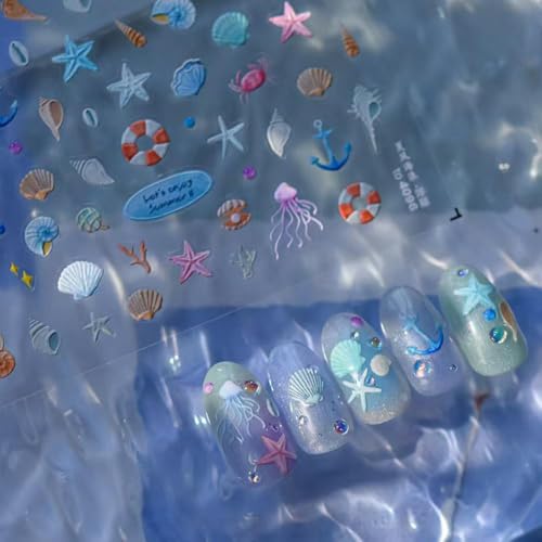 Image of Ocean Nail Stickers Decals Starfish Shell Nail Art Decals Summer Nail Art Stickers 5D Embossed Design for Women Girls Kid Manicure DIY Decoration Supply Accessories