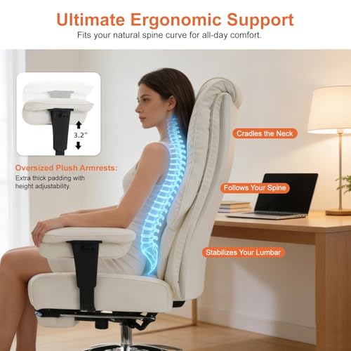 Image of EXCEBET Big and Tall Office Chair 400lbs Wide Seat, Leather High Back Executive Office Chairs with Foot Rest, Ergonomic Lumbar Support for Lower Back Pain Relief (White)