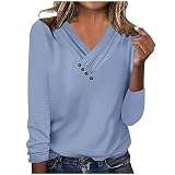 Schicke und elegante Damenbluse, V-Ausschnitt, Hemd, reine Farbe, Bluse, lange Ärmel, Tops, schönes T-Shirt, ultraweich, bequem, Bluse mit Knopf, elegantes T-Shirt, Hellblau, Large