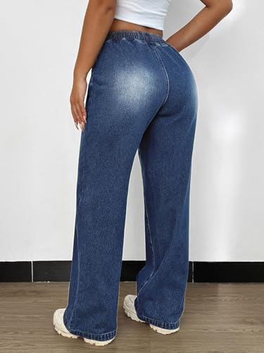 Drawstring Wide Leg Jeans for Women High Elastic Waist Baggy Straight Leg Jeans Pull On Denim Sweatpants Trousers2