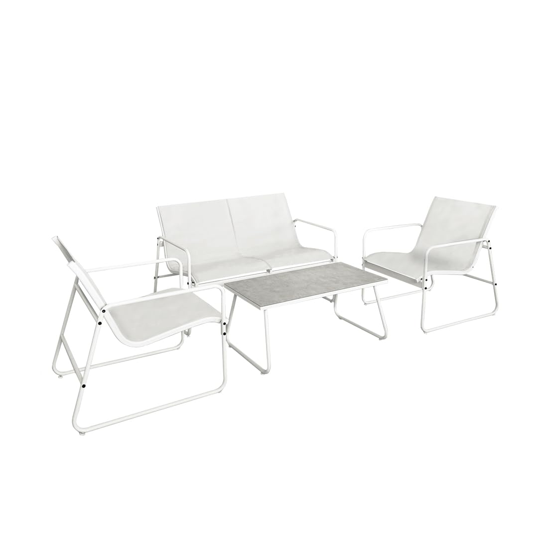Acomoda Textil – Conjunto Jardín de Sofá + 2 Sillones + Mesa de Acero Resistente, Decorativo y Ligero. Asiento para Exterior en Patio, Balcón y Terraza de Fácil Instalación. (Blanco, 4 Piezas)
