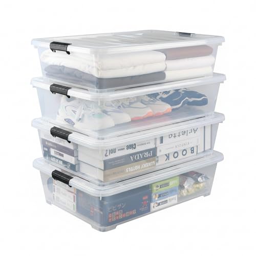 Image of Clear Heavy Duty Transparent Under Bed Bulk Storage Container with Lids, 35 Litre, Dustproof, Stackable, Clip On Lid, BPA Free, Multipurpose Bed Storage Box with Roilling Wheels (Pack of 4)
