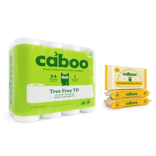 Caboo Tree-Free Bamboo Toilet Paper (24 rolls) + Caboo Bamboo Flushable Wipes (pack of 3-60 count each pack)