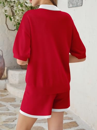 Image of Tankaneo Womens 2 Piece Short Sets Short Sleeve Knit Tops Vacation Outfits | Sweater Fabric, 2026 Summer, Collared, Matching Lounge Set