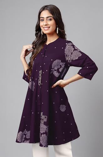 Image of Janasya Women's Pure Cotton Floral Printed Flared Tunic