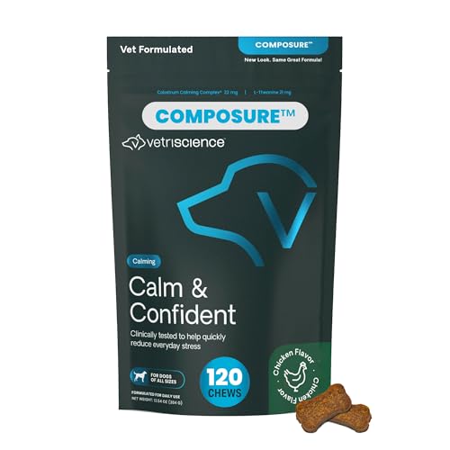 VetriScience Calm & Confident Chews, Composure Clinically Tested Calming Supplement for Dogs, Reduce Stress & Fear, Ideal for Thunderstorms, Fireworks & Travel, Chicken, 120 Count - New Look