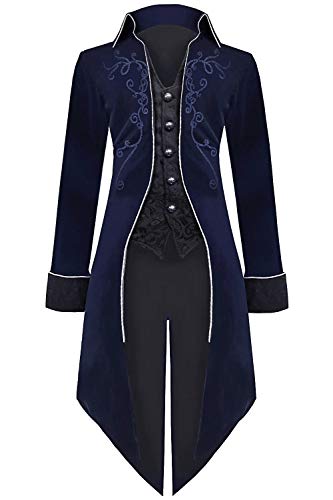 Medieval Steampunk Tailcoat Halloween Costumes for Men, Renaissance Pirate Vampire Gothic Jackets Vintage Warlock Frock Coat (XXL, Blue)