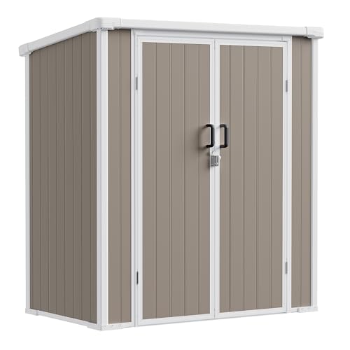 NOVIRE 5x3 ft Outdoor Storage Shed with Floor, All-Weather Resin Tool Shed with 2 Shelves, Heavy-Duty Garden Shed for Yard, Bicycle, and Lawn Equipment, Easy Assembly, Warm Gray