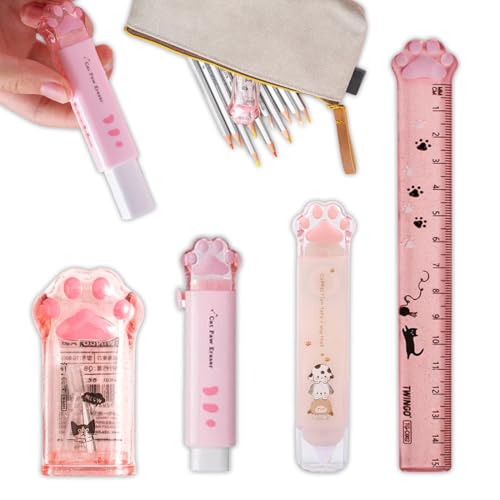 WHYCNJL Juego de 4 Piezas Papelería de Pata de Gato, Sacapuntas de Dibujos Animados Kawaii, cinta correctora retráctil, regla, suministros escolares