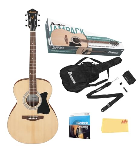 Ibanez IJVC50 JamPack Grand Concert Acoustic Guitar Pack - Open Pore Natural Bundle with Gig Bag, Tuner, Strings, Pouch, Strap, Picks and Austin Bazaar Polishing Cloth