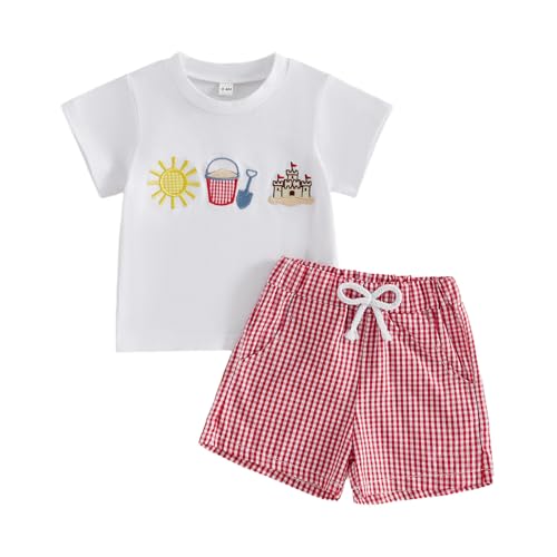 Tsultryofs Toddler Baby Boy Summer Clothes Infant Casual Shorts Set Graphic Print Short Sleeve T-Shirt Tops 2Pcs Outfit (Beach White, 12-18 Months)